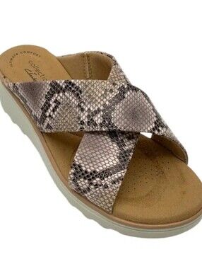 Women's Clark's Taupe Snake-Print Slide Sandals